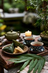Fototapeta premium Traditional Chinese zongzi are triangular glutinous rice dumplings wrapped in bamboo leaves