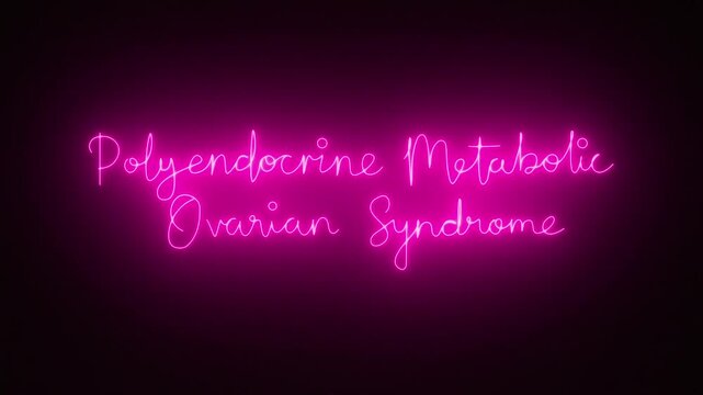Polyendocrine Metabolic Ovarian Syndrome text word lettering typography pink neon Sign logo video animation, bright glowing element light banner board video in dark black alpha matte background PMOS