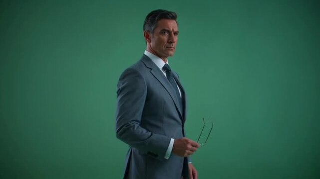 Businessman in grey suit posing against green screen background.