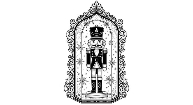 Classic nutcracker soldier in an ornate arched frame with stars