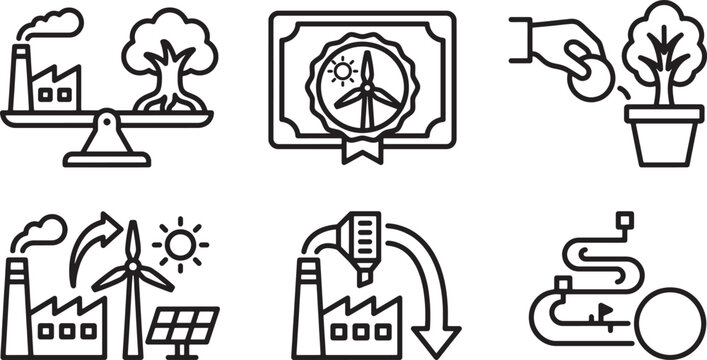Set of environmental sustainability and green energy icons in line art style.