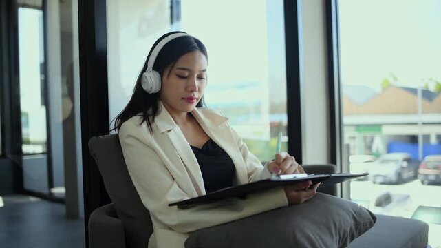 Businesswoman sitting indoor space wearing headphones while writing notes focused and productive work in a relaxed environment concepts of business education productivity and online learning.