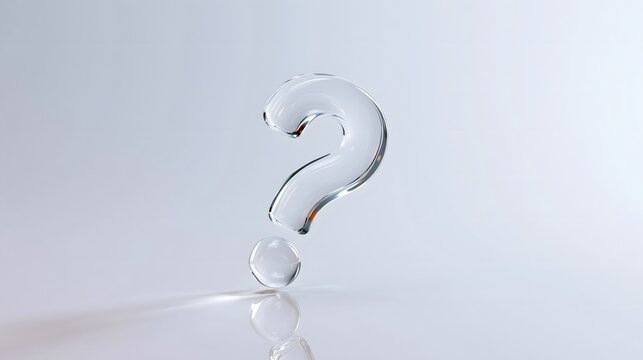 Conceptual background: Transparent glass 3D question mark with round sphere dot and reflection