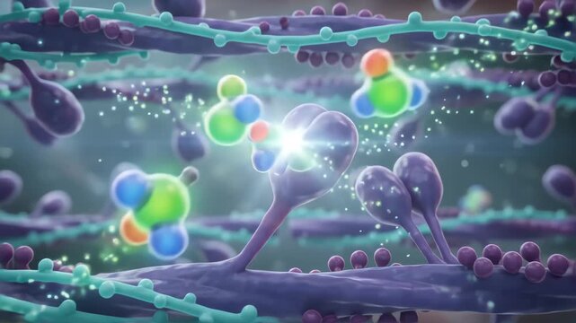 Conceptual 3D animation of biceps contraction with ATP molecules
