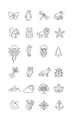Fototapeta premium 24 Hand Drawn Animal and Nature Outline Icons Set – Simple Wildlife, Botanical and Nature Line Illustrations for Branding and Design