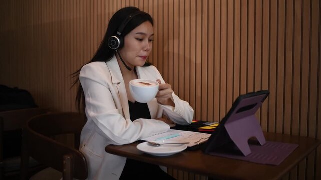 Businesswoman sitting indoor space wearing headphones while writing notes focused and productive work in a relaxed environment concepts of business education productivity and online learning.