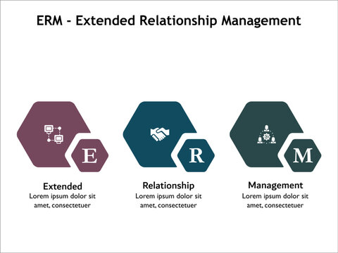 ERM - Extended Relationship Management acronym. Infographic template with icons and description placeholder