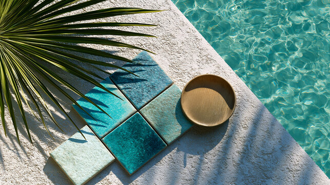Poolside Ceramic Tile Samples with Tropical Palm Shadow