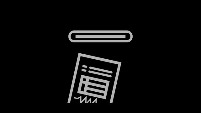 Minimalist white line art icon of a paper receipt or invoice printing out of a slot on black background. Financial transaction, billing, corporate statement, accounting loop