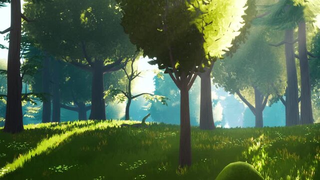 Sunlight shines down through branches in a forest. Shadows fall across a green path. Leaves rustle gently in the soft breeze of the early afternoon.