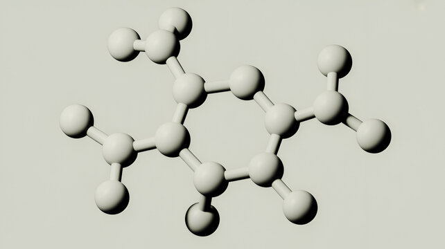 A3d rendered molecular structure model with white spheres and connecting rods against a plain light gray background, for scientific education