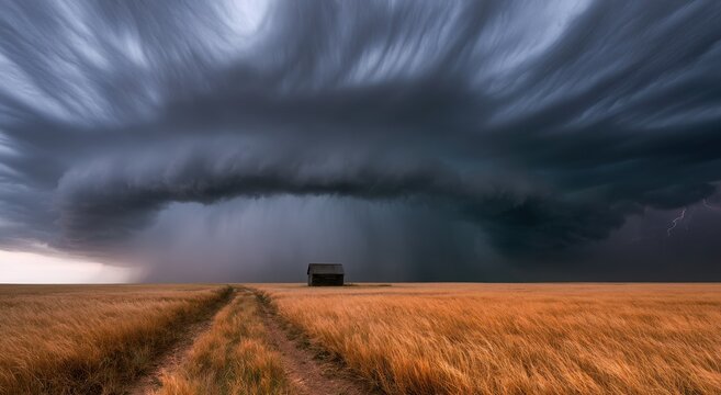 A dramatic landscape of a small house in a vast field under a dark stormy sky with thick clouds