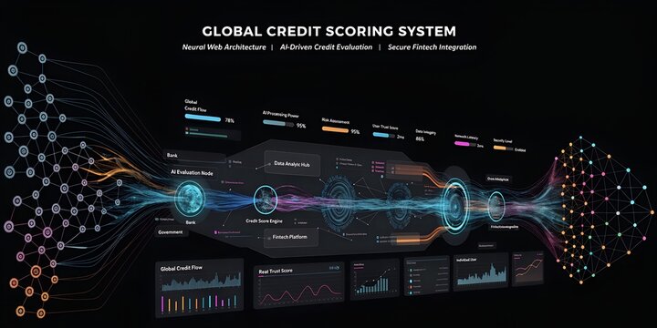 Global credit scoring system dashboard with futuristic network data visualization and financial analytics dashboard analytics technology financial infographic business connection software