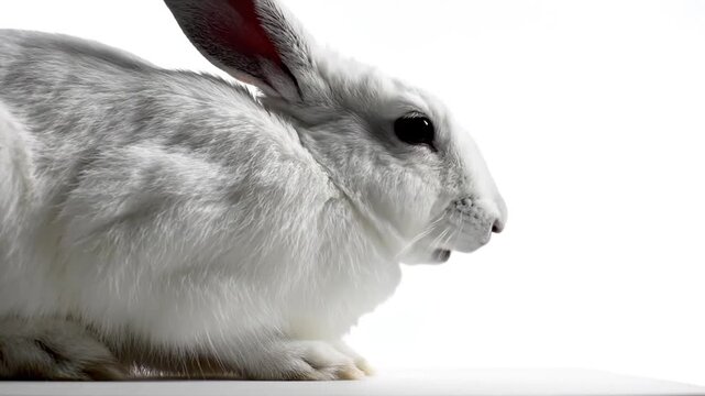 Close up profile of a grey rabbit on white background.