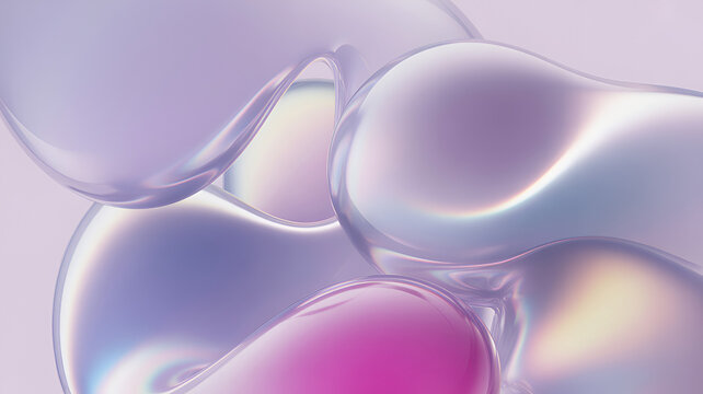 Abstract liquid shapes with a glossy and iridescent surface texture in shades of purple and pink floating against a soft light purple background