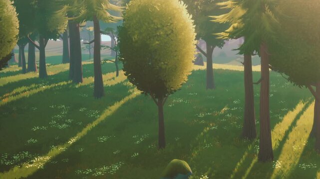 Sunlight filters through tall trees in a green field. Shadows stretch across the grass as nature thrives. The scene shows a peaceful outdoor setting in the daytime.