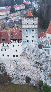 Aerial View of Historic Bran Castle Romania at Dusk
