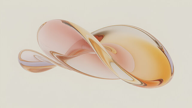 An abstract twisted loop of translucent peach and gold glass floating on a solid off white background, for minimalist visual