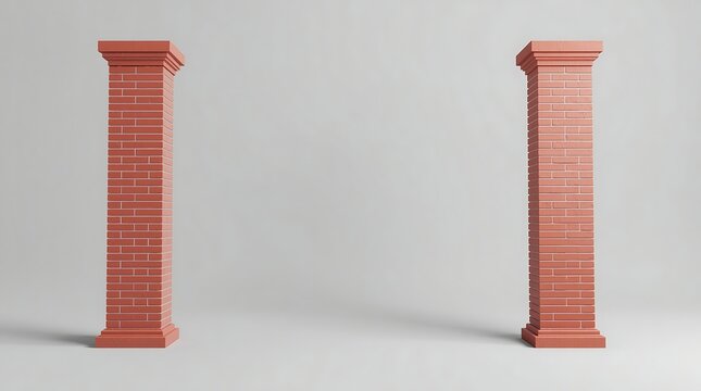 Two Red Brick Pillars Standing on a White Surface with a Neutral Background.