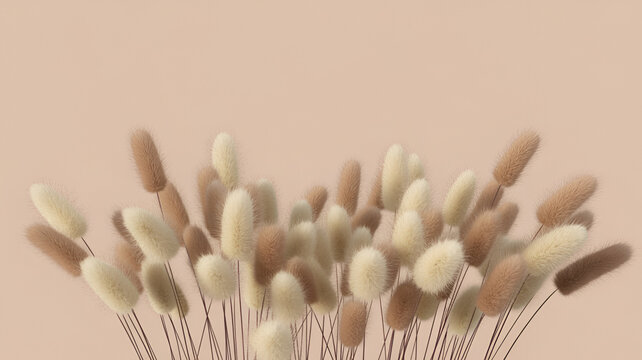Bouquet of dried fluffy bunny tail grass stems in soft beige and white colors against a plain light beige background, floral decor
