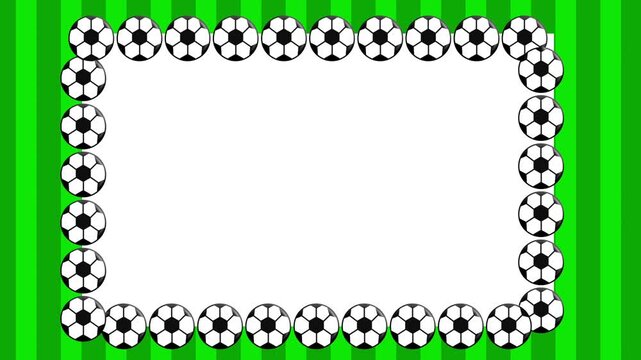 Spinning soccer balls form a rectangular frame with copy space over a green striped field background.