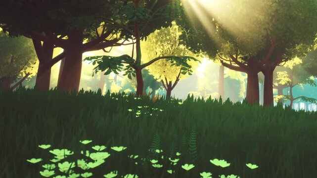 Sunlight shines through the trees in a forest. The grass is green and lush, with small plants scattered throughout. The scene shows a vibrant natural environment.