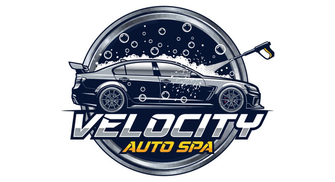 Sleek graphic of a car undergoing a thorough wash with bubbles and water spray for auto detailing services