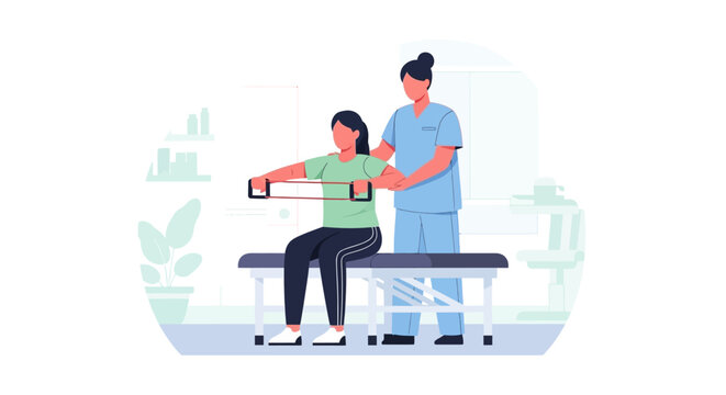 Physical Therapist assisting a patient with resistance band exercises for rehabilitation and strength training