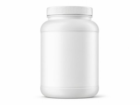 White plastic supplement bottle with screw on cap isolated on white background for packaging design