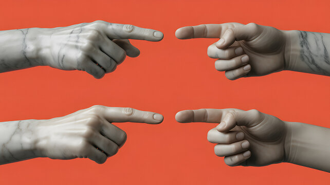 Four human hands pointing towards each other in a symmetrical arrangement against a solid vibrant orange background, color backdrop