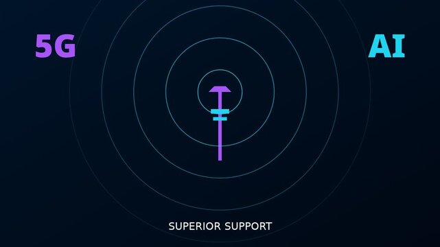 5 g and ai technology concept with pulsing signal waves and superior support text animation