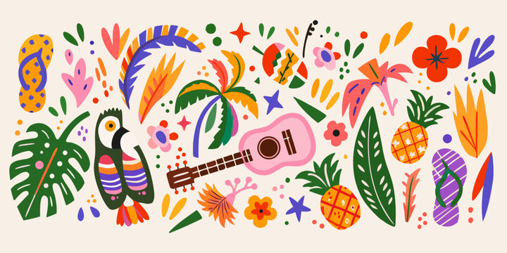 Tropical Floral Ornament With Toucan And Ukulele Vector Illustration