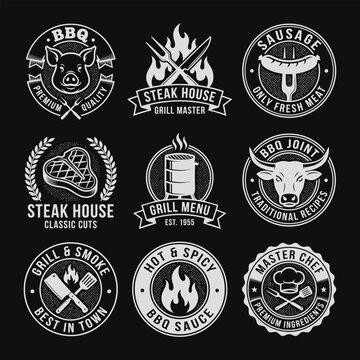  Vintage BBQ Logo Set with Steak House Grill Badges Retro Barbecue Vector Collection