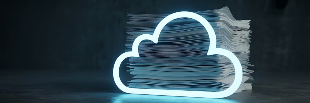 A glowing cloud icon superimposed over a stack of papers in a dark room