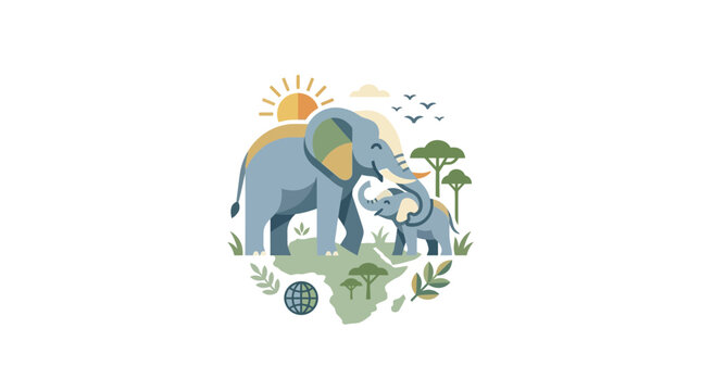 Stylized Vector Illustration of Elephant Family in Natural Habitat