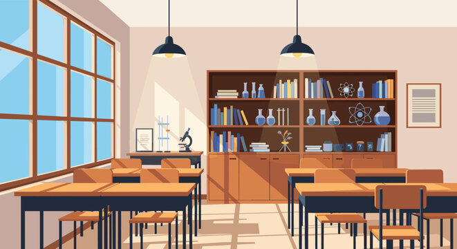 Empty school science lab or classroom features wooden desks, a large bookshelf with lab glassware, and big sunny windows.