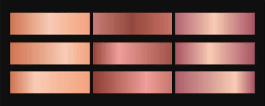 Gradient metallic foil palette. Gradation of gold, bronze and pink gold texture isolated on black background