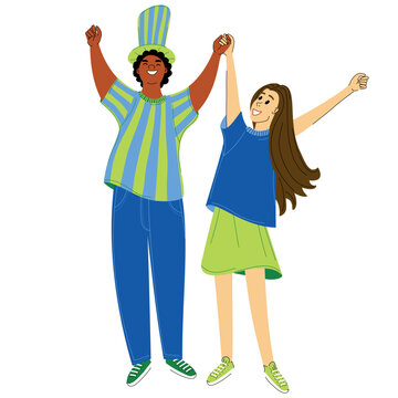 Multinational couple of sports fans. Young people cheerfully raising their hands. Isolated vector illustration of excited and happy boy and girl wearing team colors clothes and stovepipe hat.