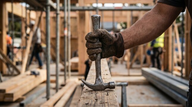 Detailed view of a construction worker gripping a hammer while standing at a building site that is currently under construction