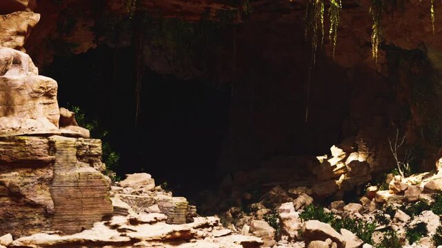 A large rock formation leads to a dark cave entrance in a natural setting. Vegetation surrounds the area, hinting at a diverse ecosystem present nearby.