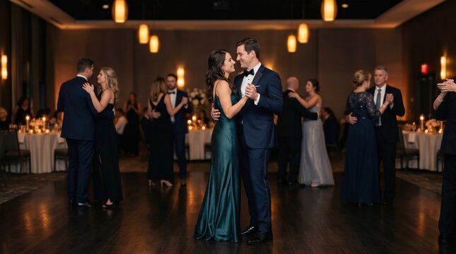 Couples slow dancing at elegant late night event in warm amber light