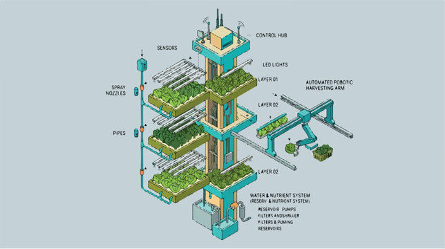 Vertical farm diagram with labels.