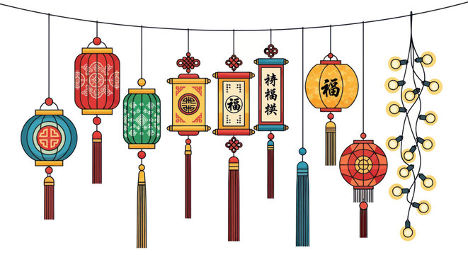 Traditional chinese lanterns scrolls and festive lights on a string