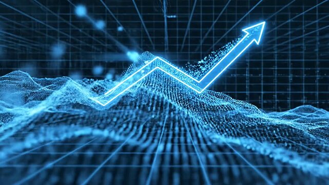 Blue digital terrain with glowing line graph arrow.
