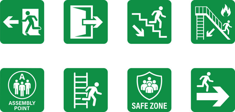 Emergency exit green sign set featuring assembly point fire escape route and safe zone icons