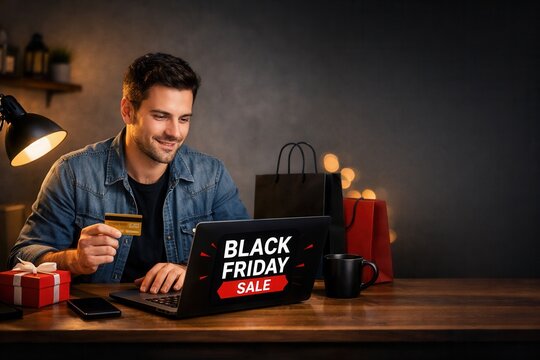 Man shopping online during Black Friday sale with laptop and credit card at home office desk