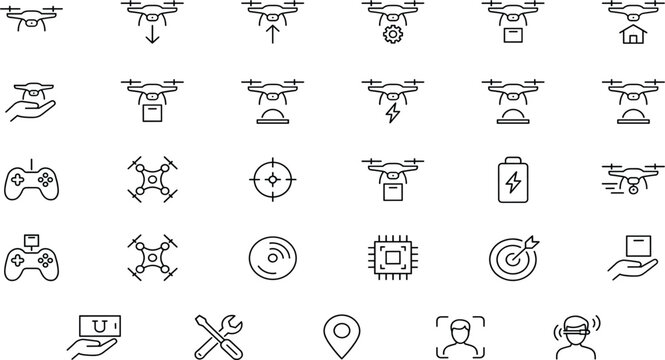 Unmanned Aerial Vehicle UAV Vector Collection with Outline Symbols for Drone Shipping Smart Logistics Automation Target Tracking and Electronic Technology Graphic Designs