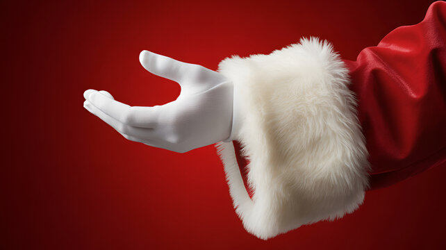Santa claus hand wearing a white glove and red fur trimmed sleeve reaching out against a solid deep red background, for holiday themes