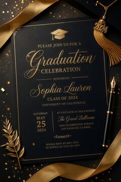 Elegant graduation celebration invitation card with gold decor and academic ceremony template