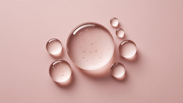 Several clear liquid gel or water droplets of varying sizes arranged on a soft pink background, surface, down macro, view shot